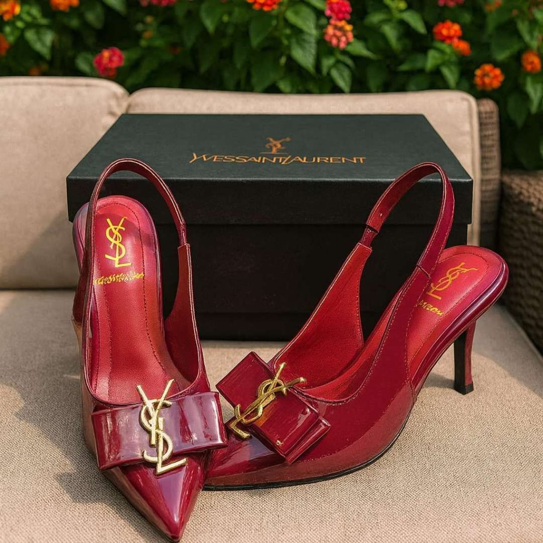 Burgundy Slingback Kitten Heels for Women – Glossy Finish & Gold Bow