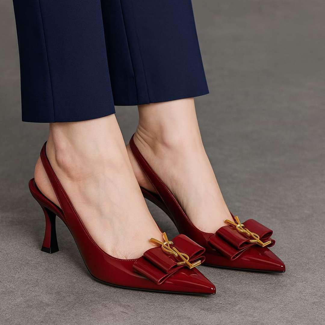 Burgundy Slingback Kitten Heels for Women – Glossy Finish & Gold Bow