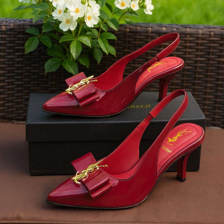 Burgundy Slingback Kitten Heels for Women – Glossy Finish & Gold Bow