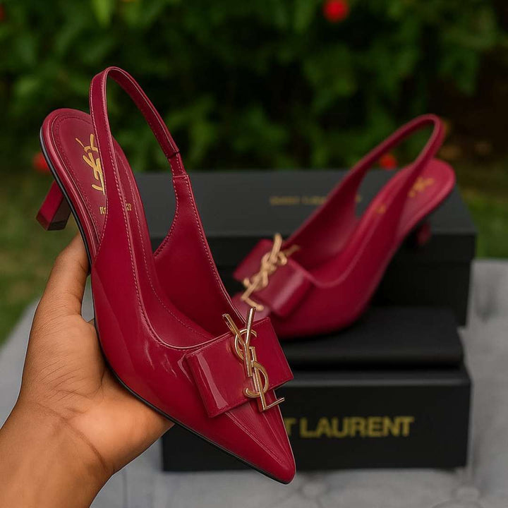 Burgundy Slingback Kitten Heels for Women – Glossy Finish & Gold Bow